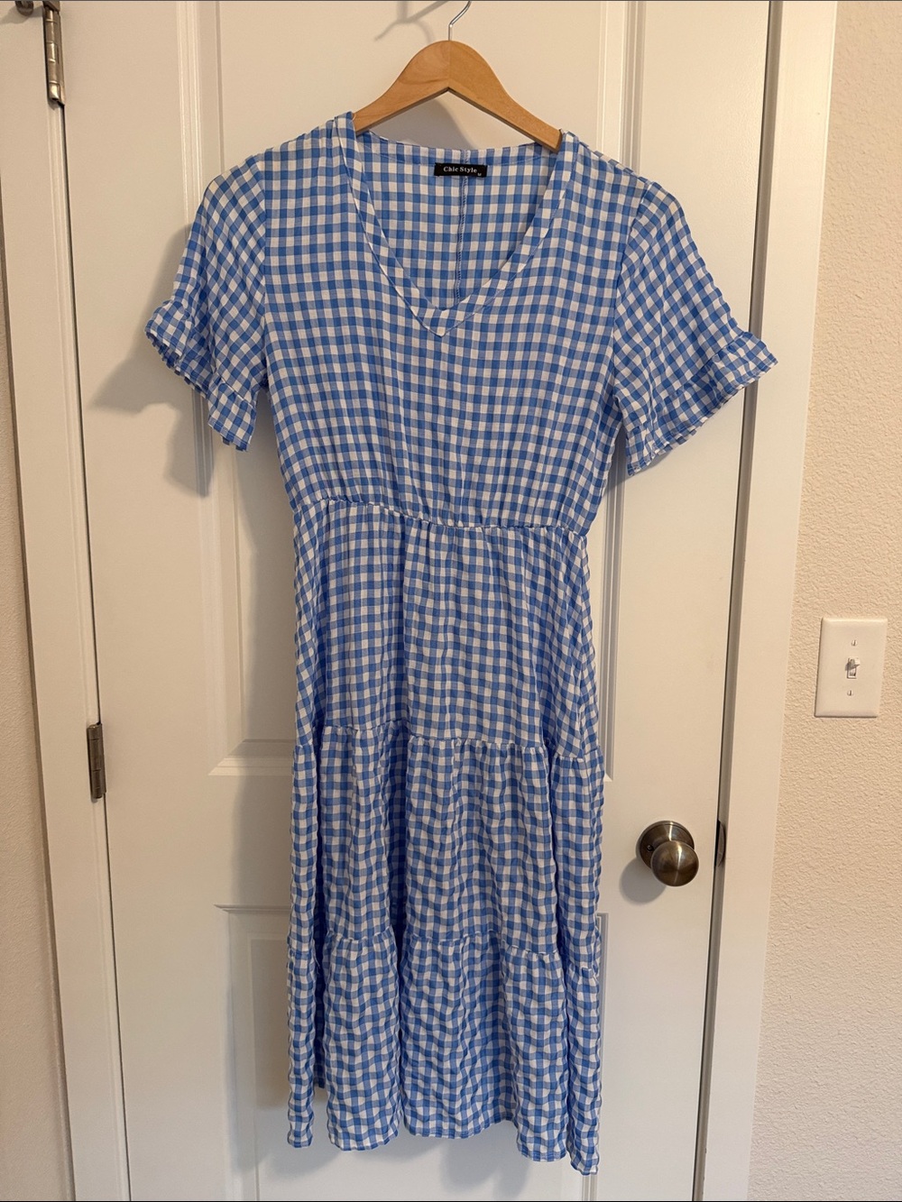 Blue and White Gingham Tiered Midi Dress by CAbi